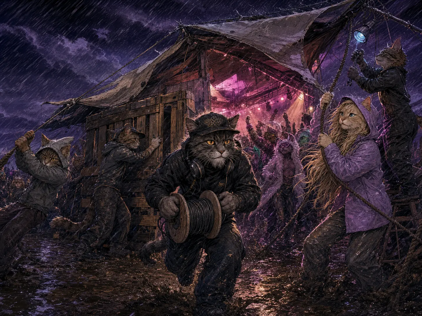 A violent storm hits the cat mothership as Velofluffer cats hold ropes and PNK carries a cable reel through the mud