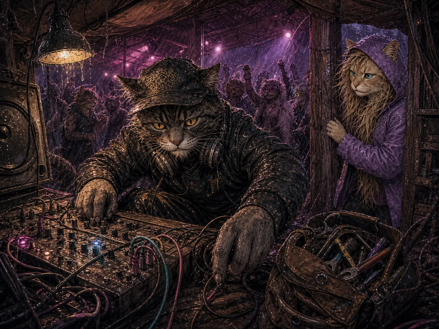 PNK the cat struggles with a wet mixer, loose cables and tools while the blond fluffer watches with concern