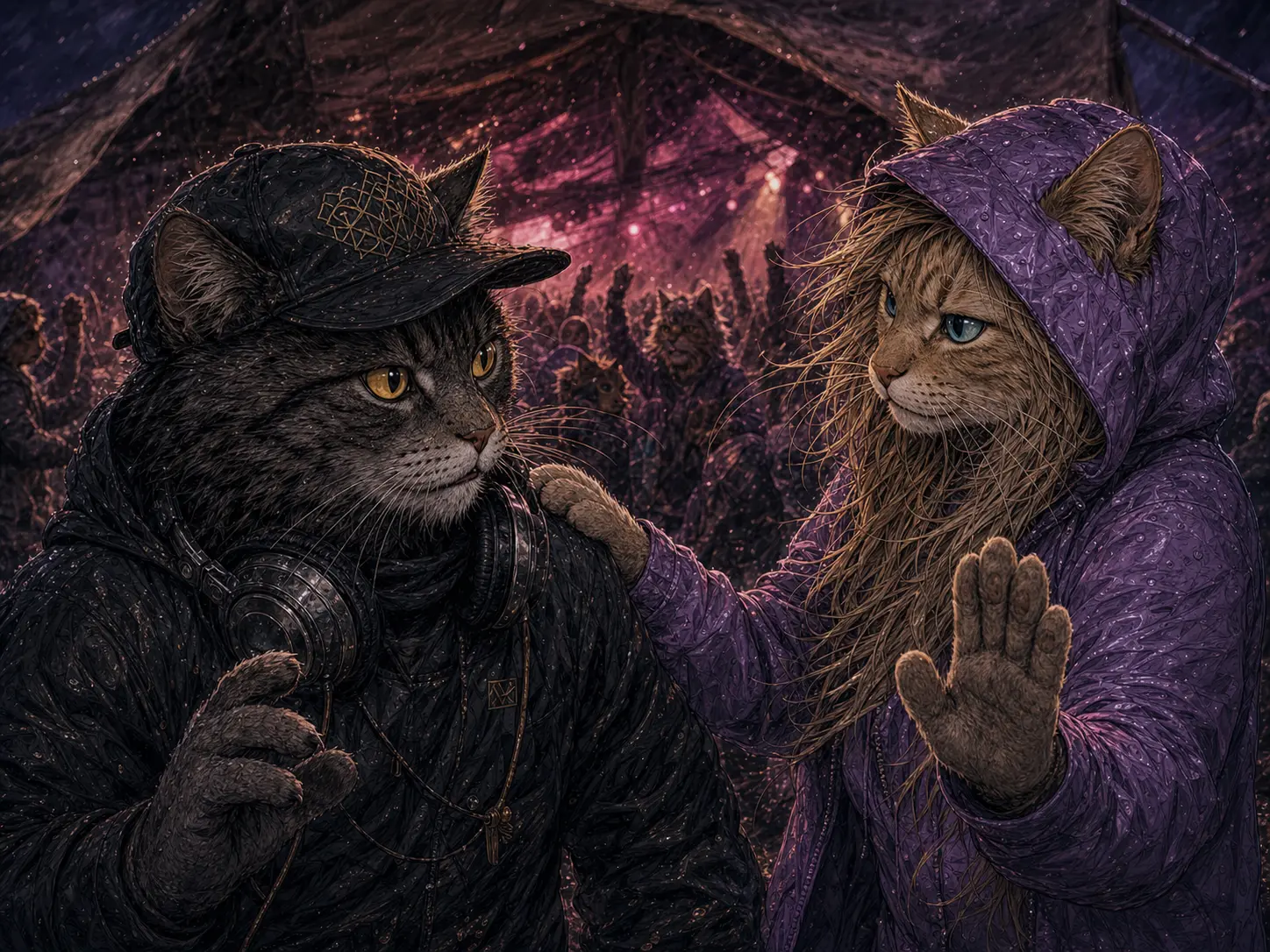 The blond golden-cat fluffer puts a paw on PNK's shoulder and makes a calm stop gesture inside the storm-lit mothership