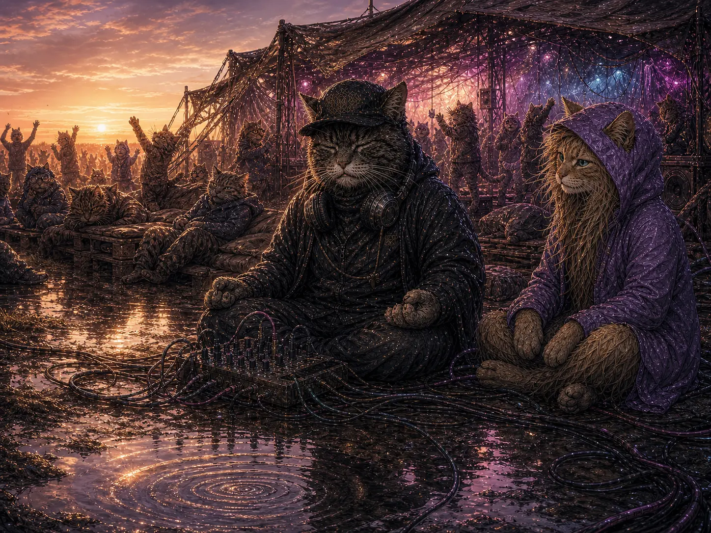 PNK the cat sits peacefully beside the mixer at sunrise while the blond fluffer and the tired Velofluffer cats rest after the storm